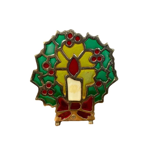 Vintage Other - Vintage Cast Iron Christmas Candle Holder Holly Berry Stained Glass